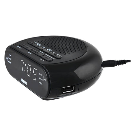 RCA Digital Radio Alarm Clock with Soothing Sounds, Brightness Control, USB Charging Port, and Battery Backup, RCS27