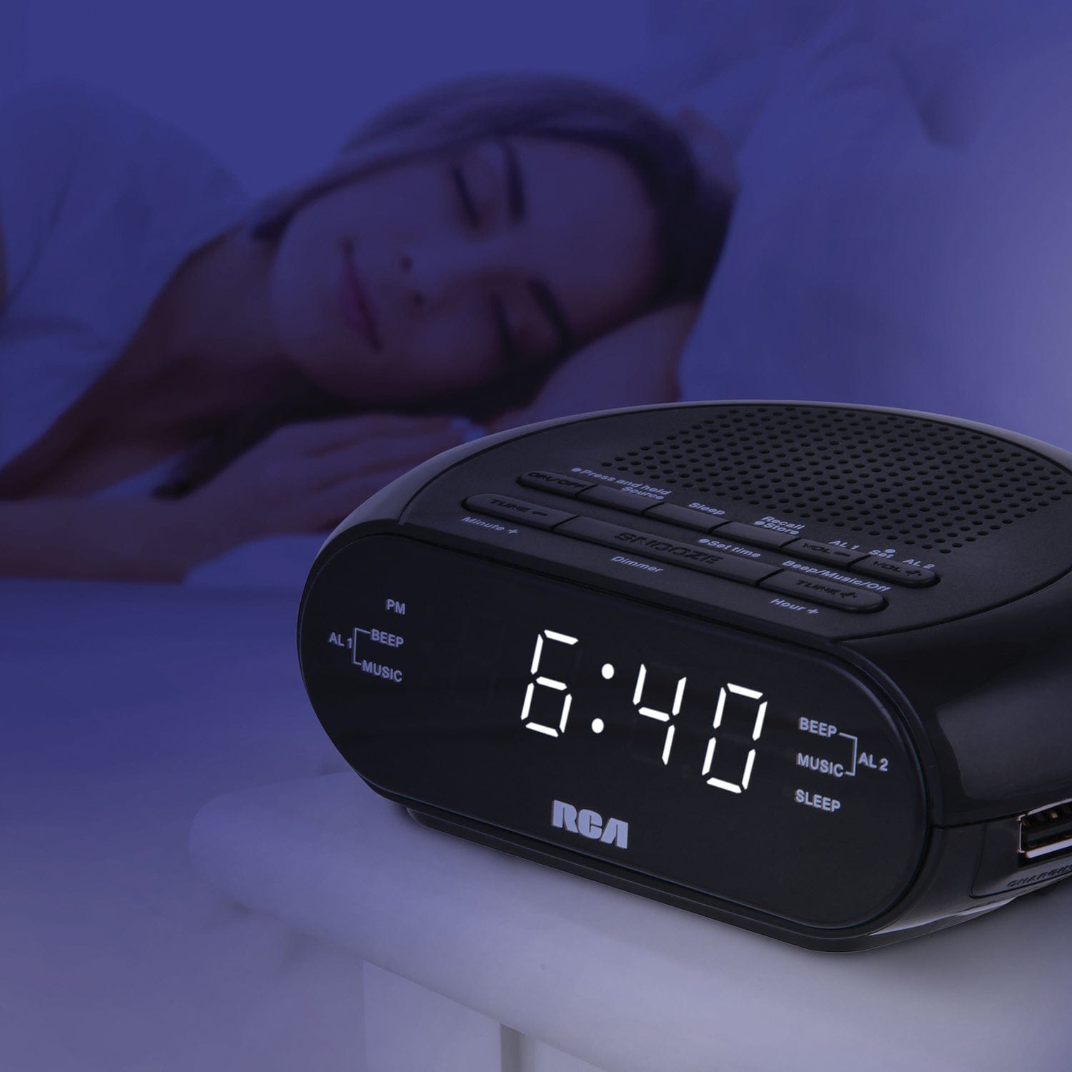 RCA Digital Radio Alarm Clock with Soothing Sounds, Brightness Control, USB Charging Port, and Battery Backup, RCS27