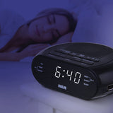 RCA Digital Radio Alarm Clock with Soothing Sounds, Brightness Control, USB Charging Port, and Battery Backup, RCS27
