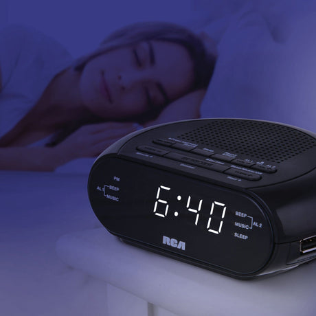 RCA Digital Radio Alarm Clock with Soothing Sounds, Brightness Control, USB Charging Port, and Battery Backup, RCS27