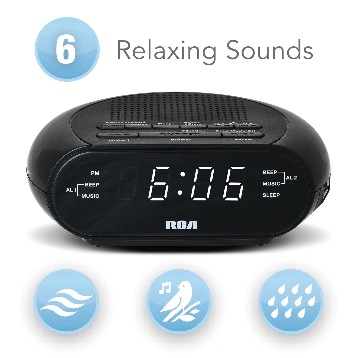 RCA Digital Radio Alarm Clock with Soothing Sounds, Brightness Control, USB Charging Port, and Battery Backup, RCS27