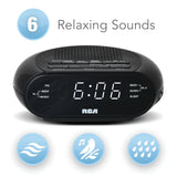 RCA Digital Radio Alarm Clock with Soothing Sounds, Brightness Control, USB Charging Port, and Battery Backup, RCS27