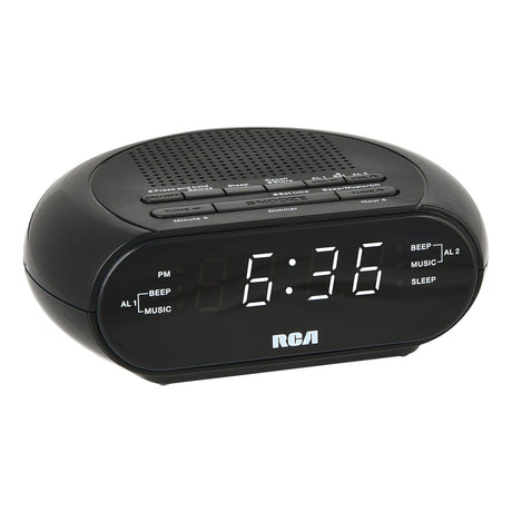 RCA Digital Radio Alarm Clock with Soothing Sounds, Brightness Control, USB Charging Port, and Battery Backup, RCS27