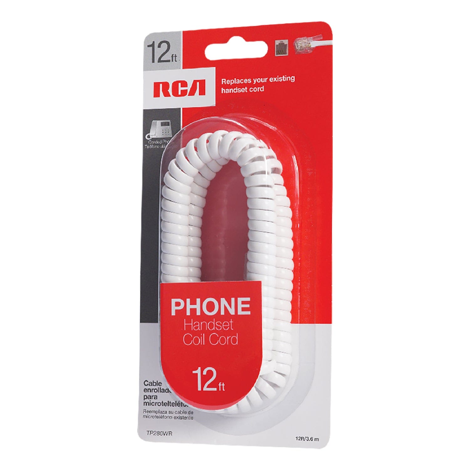 RCA Standard Handset Coil Cord, 12 Ft., White
