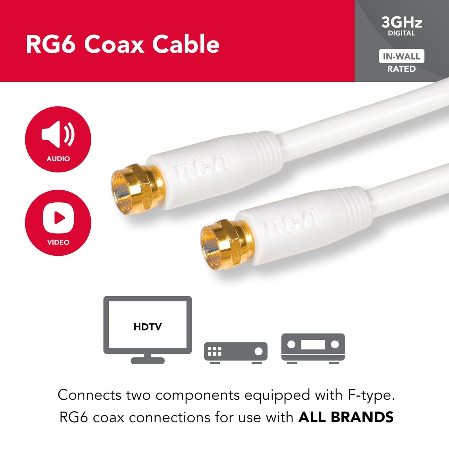 RCA RG6 Coaxial Cable with F-Connectors, 6 Ft., White