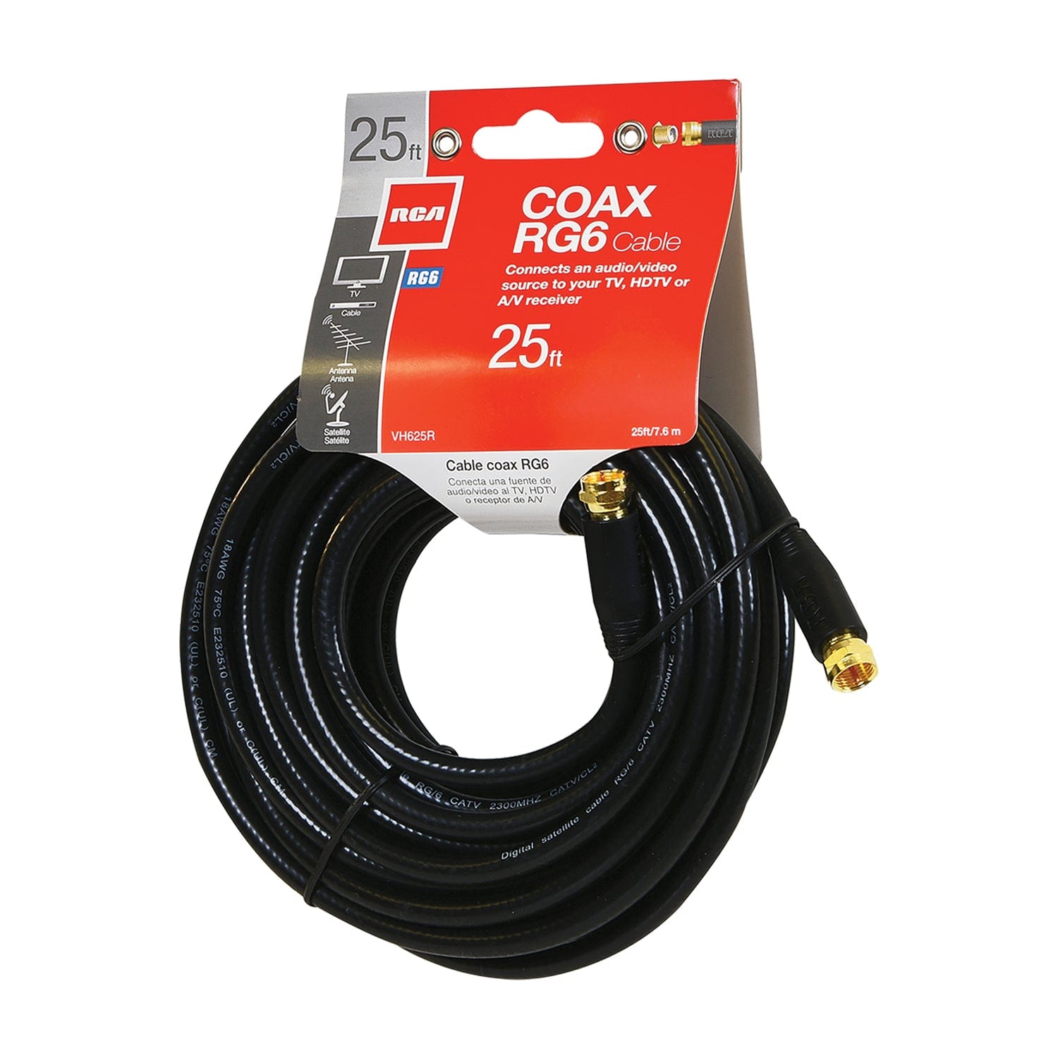 RCA RG6 Coaxial Cable with F-Connectors, 25 Ft., Black