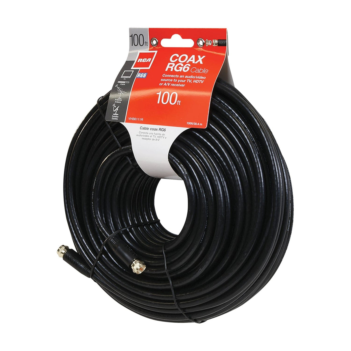 RCA RG6 Coaxial Cable with F-Connectors, 100 Ft., Black
