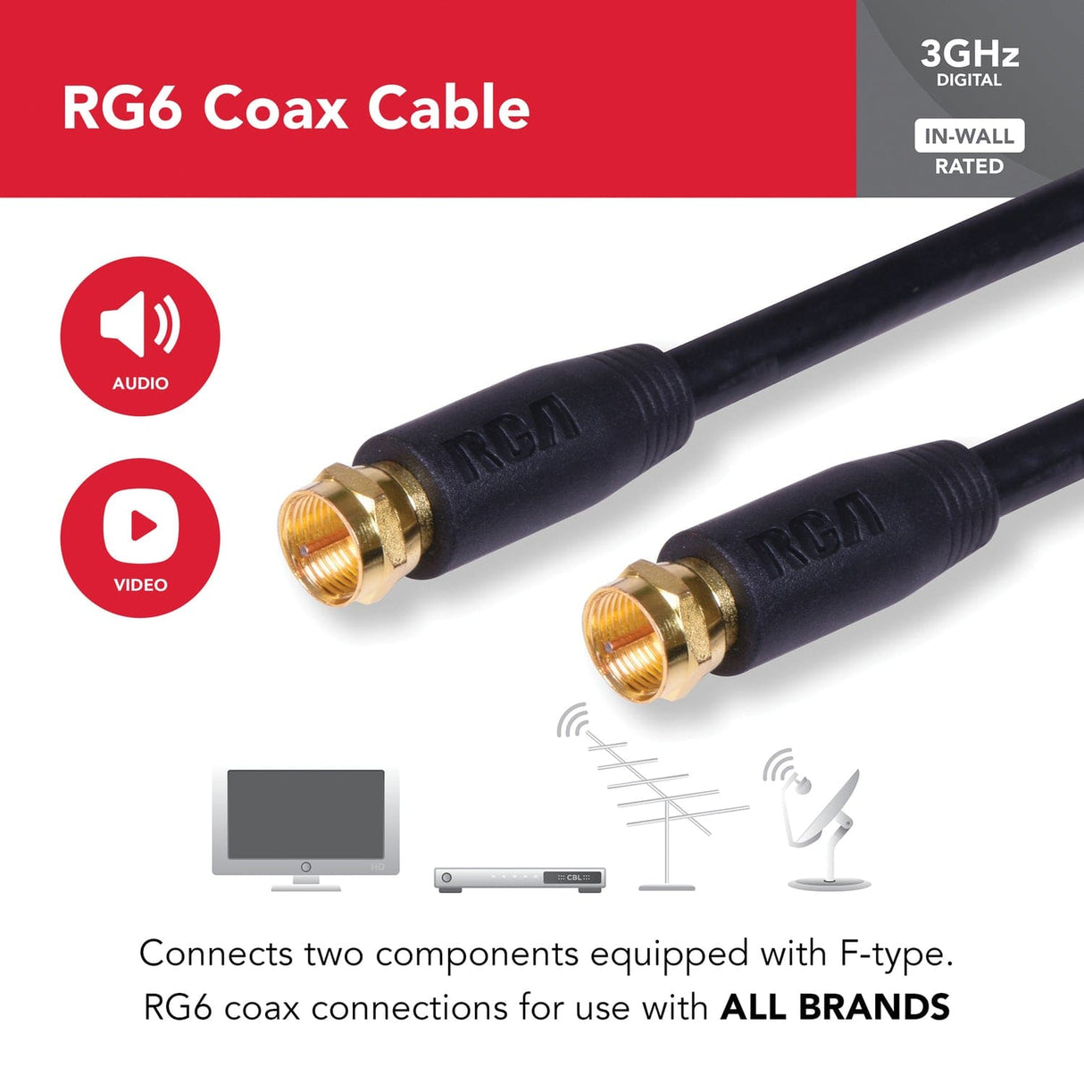 RCA RG6 Coaxial Cable with F-Connectors, 100 Ft., Black