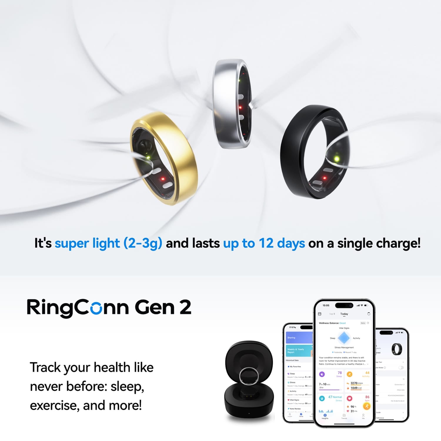 RingConn Gen 2 Ultra-Thin Smart Ring with Sleep Apnea Monitoring and Health Tracking, Size 10, Matte Black