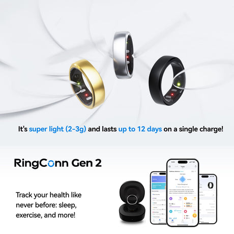 RingConn Gen 2 Ultra-Thin Smart Ring with Sleep Apnea Monitoring and Health Tracking, Size 10, Matte Black