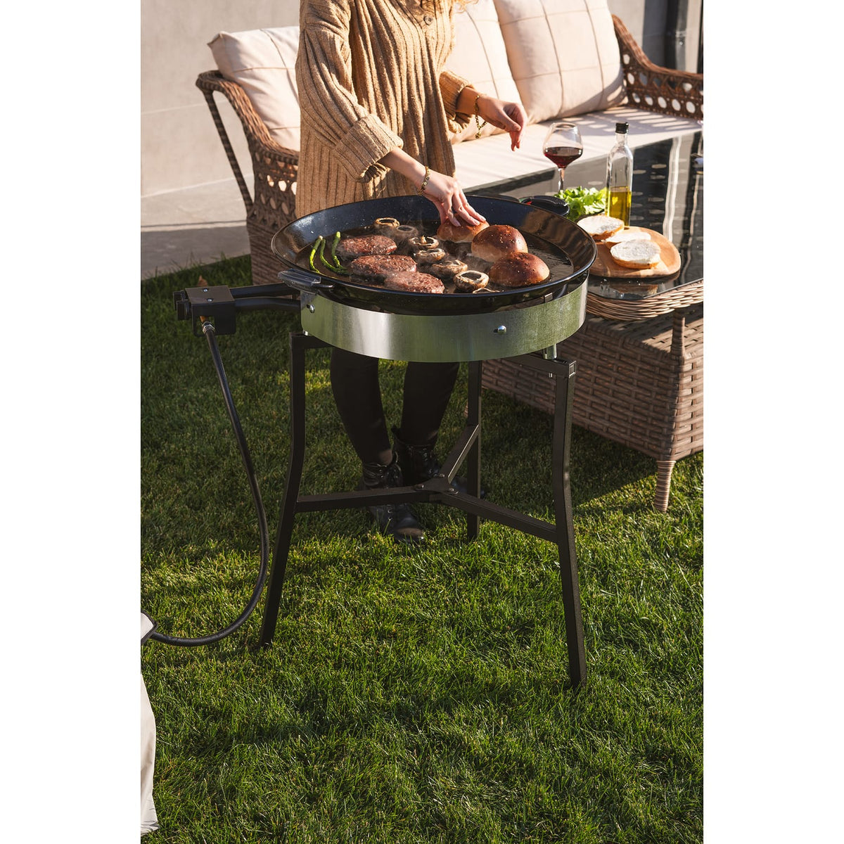 Ringg Outdoor Black Series Outdoor Cooking Pro Kit with 24" Enameled Steel Pan, 20" Dual Gas Burners, and Foldable Stand for Camping and Backyards