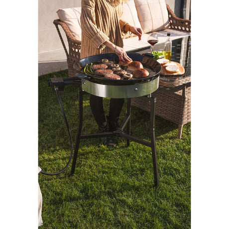 Ringg Outdoor Black Series Outdoor Cooking Pro Kit with 24" Enameled Steel Pan, 20" Dual Gas Burners, and Foldable Stand for Camping and Backyards