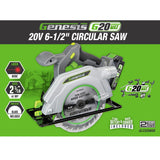 Genesis G20Max 20-Volt Cordless 6-1/2 In. Circular Saw with Laser, Blade, Work Light, Spindle Lock, 2.0-Ah Battery, and Charger