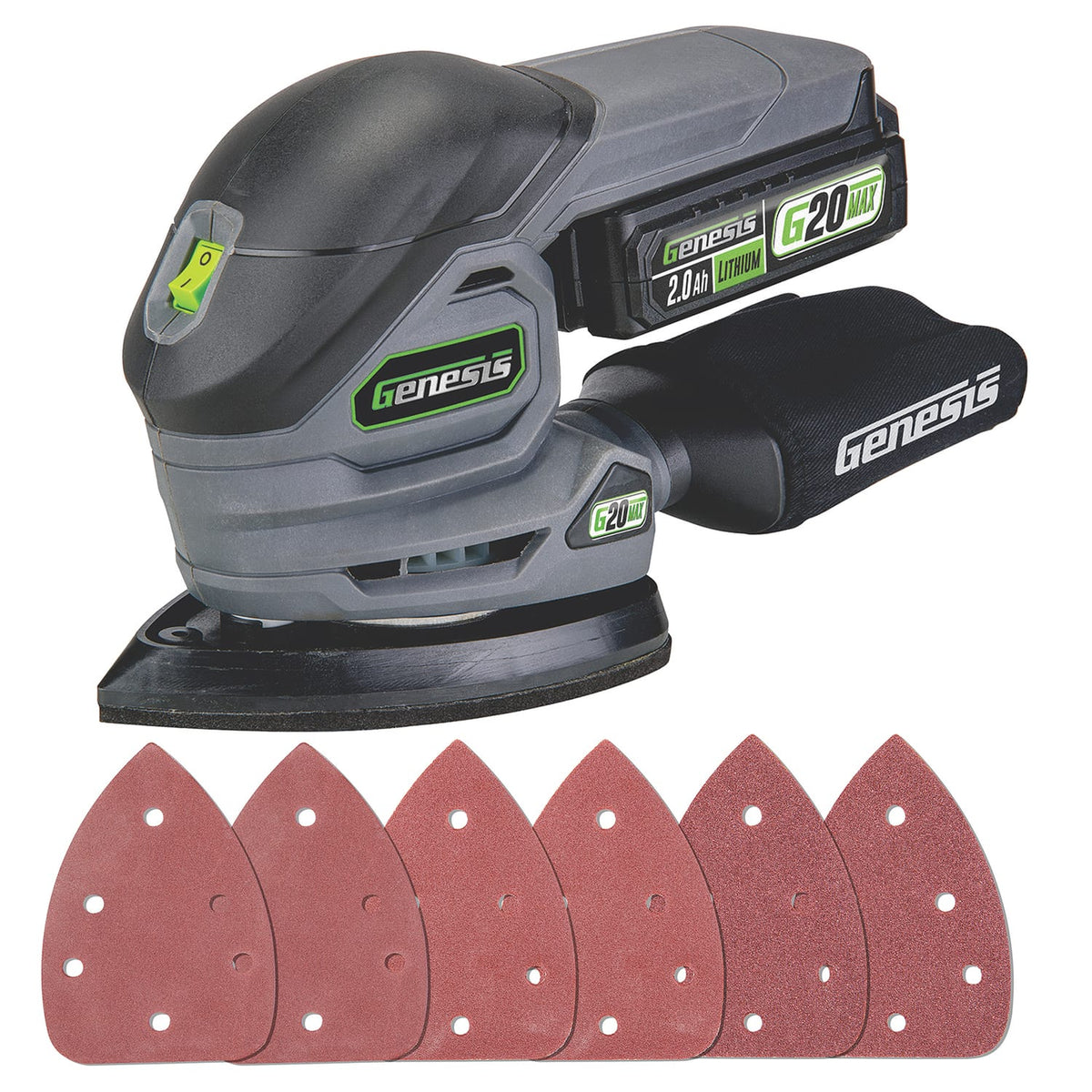 Genesis G20Max 20-Volt Cordless Corner/Detail Sander with Hook-and-Loop Backer Pad, Comfort Palm Grip, Dust Bag, 2.0-Ah Battery, Charger