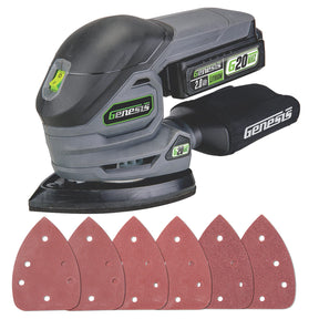 Genesis G20Max 20-Volt Cordless Corner/Detail Sander with Hook-and-Loop Backer Pad, Comfort Palm Grip, Dust Bag, 2.0-Ah Battery, Charger