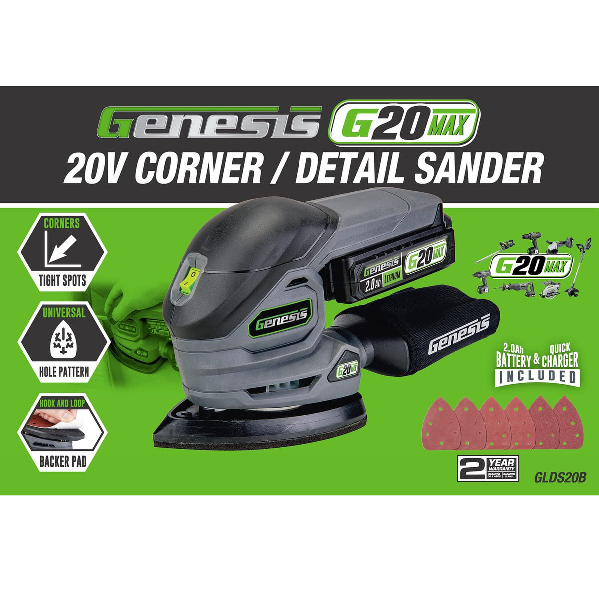 Genesis G20Max 20-Volt Cordless Corner/Detail Sander with Hook-and-Loop Backer Pad, Comfort Palm Grip, Dust Bag, 2.0-Ah Battery, Charger