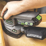Genesis G20Max 20-Volt Cordless Corner/Detail Sander with Hook-and-Loop Backer Pad, Comfort Palm Grip, Dust Bag, 2.0-Ah Battery, Charger