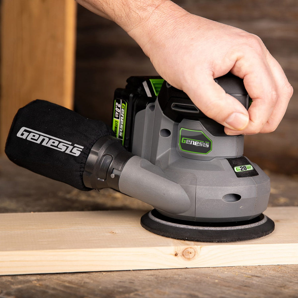 Genesis G20Max 20-Volt Cordless 5-In. Variable-Speed Random Orbit Sander with Backer Pad, Palm Grip, Dust Bag, 2.0-Ah Battery, Charger
