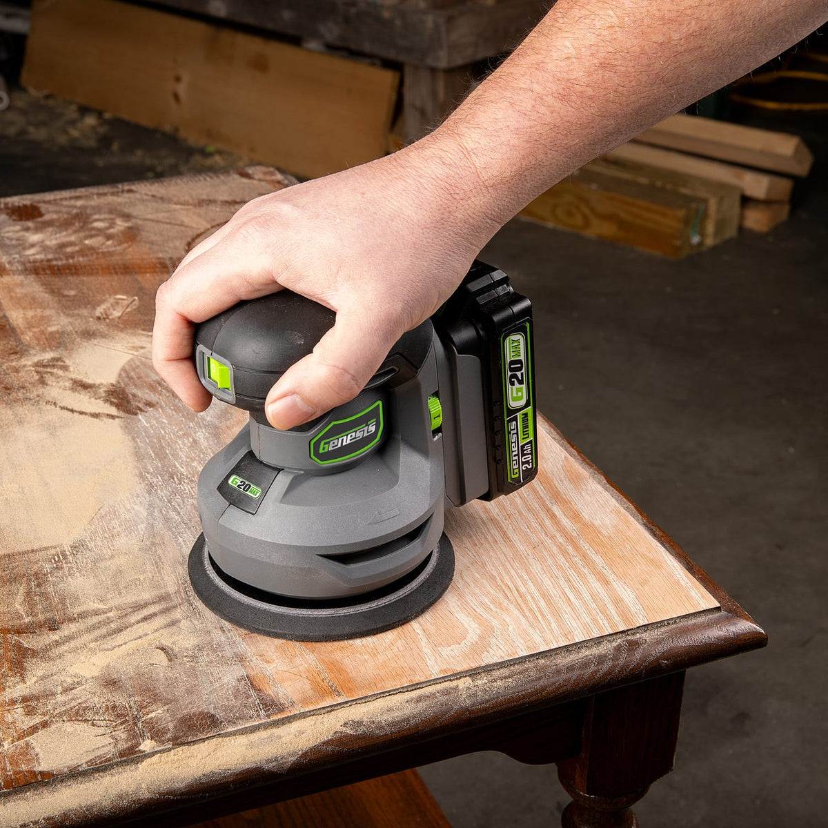Genesis G20Max 20-Volt Cordless 5-In. Variable-Speed Random Orbit Sander with Backer Pad, Palm Grip, Dust Bag, 2.0-Ah Battery, Charger