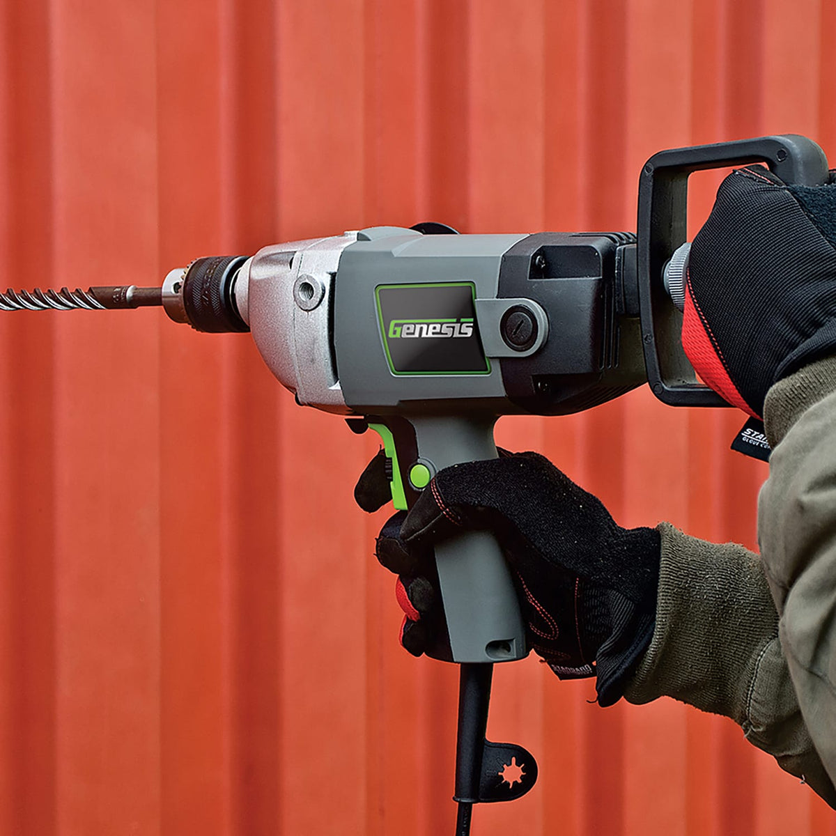 Genesis 9-Amp Corded Variable-Speed Spade-Handle Drill with 1/2-In. Metal Chuck, 2-Position Spade Handle, 3-Position Aux Handle, Lock-on Button