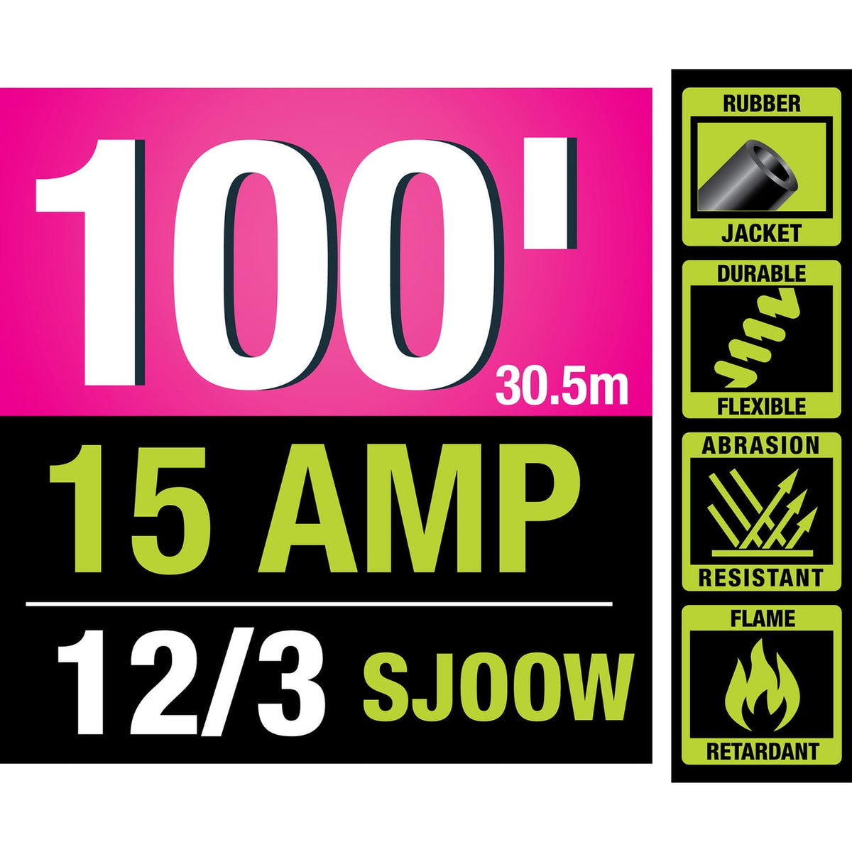 PowerSmith 1-Outlet 15-Amp 3-Prong Grounded Heavy-Duty Rubber-Jacket Outdoor Locking Extension Cord, 12-Gauge with Lighted Straight Plug, 100 Ft.