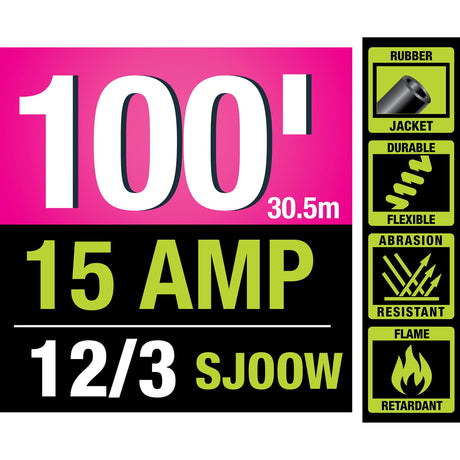 PowerSmith 1-Outlet 15-Amp 3-Prong Grounded Heavy-Duty Rubber-Jacket Outdoor Locking Extension Cord, 12-Gauge with Lighted Straight Plug, 100 Ft.