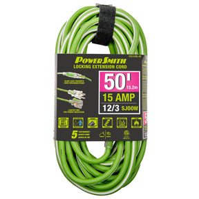 PowerSmith 1-Outlet 15-Amp 3-Prong Grounded Heavy-Duty Rubber-Jacket Outdoor Locking Extension Cord, 12-Gauge with Lighted Straight Plug, 50 Ft.
