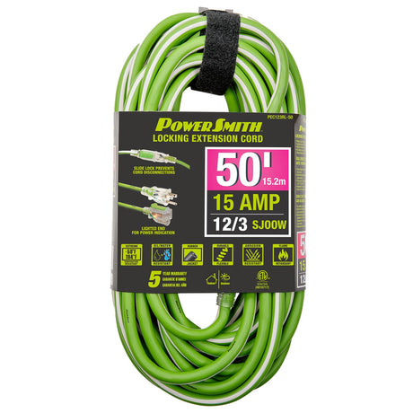 PowerSmith 1-Outlet 15-Amp 3-Prong Grounded Heavy-Duty Rubber-Jacket Outdoor Locking Extension Cord, 12-Gauge with Lighted Straight Plug, 50 Ft.