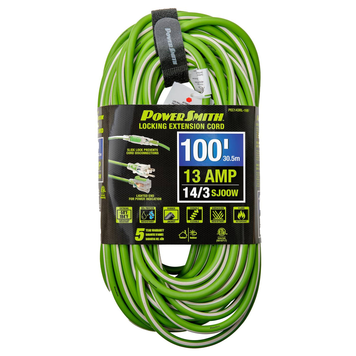 PowerSmith 1-Outlet 13-Amp 3-Prong Grounded Medium-Duty Rubber-Jacket Outdoor Locking Extension Cord, 14-Gauge with Lighted Straight Plug, 100 Ft.