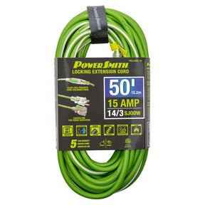 PowerSmith 1-Outlet 15-Amp 3-Prong Grounded Medium-Duty Rubber-Jacket Outdoor Locking Extension Cord, 14-Gauge with Lighted Straight Plug, 50 Ft.