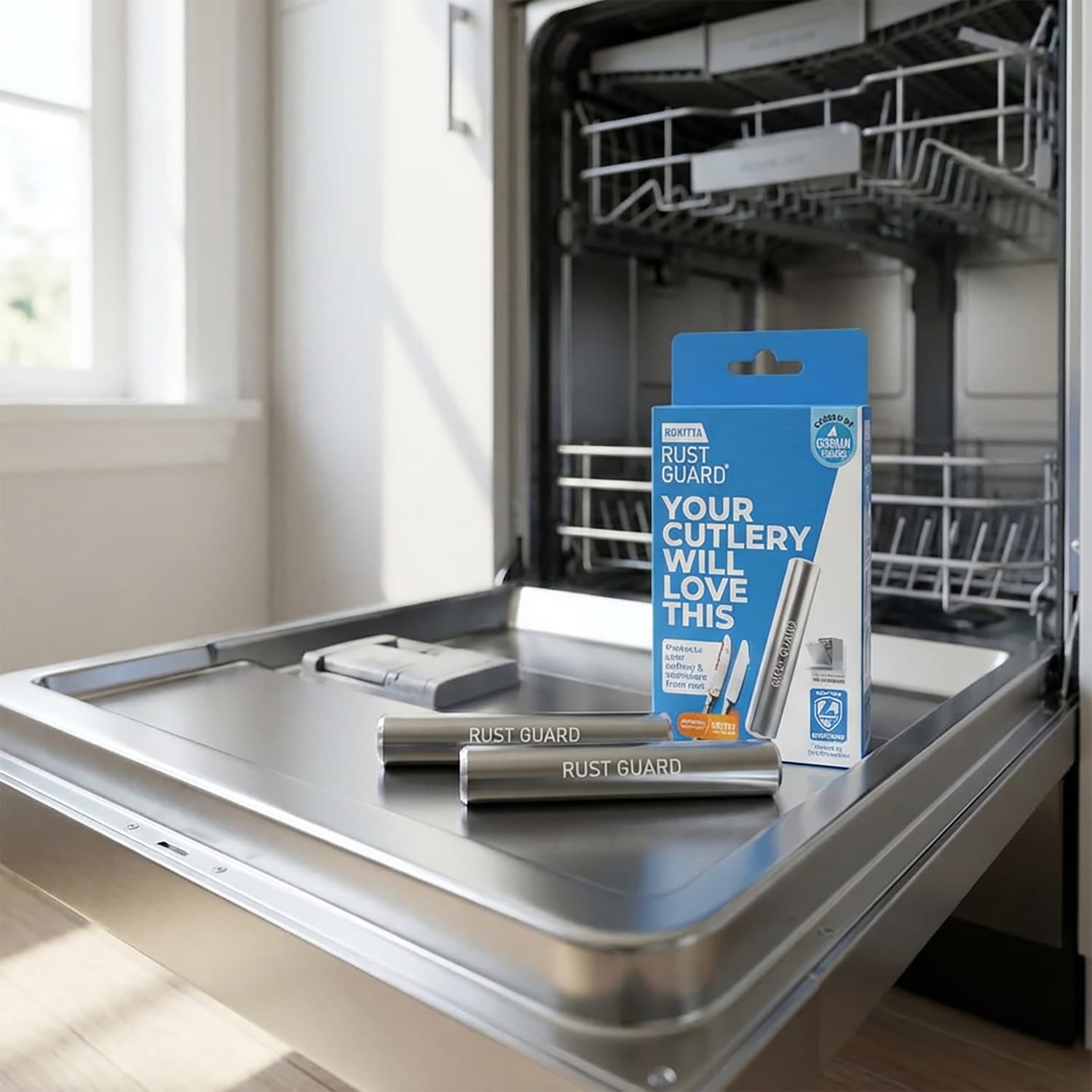 RUST GUARD by Rokitta Dishwasher Rust-Prevention Stick for Metal Cutlery, Pots, and Pans, 2 Unit