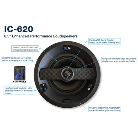 Russound 6.5-In. 100-Watt Architectural Series IC-620 2-Way In-Ceiling Loudspeaker Pair with Poly Woofer and Pivoting Silk-Dome Tweeter, 8 Ohms