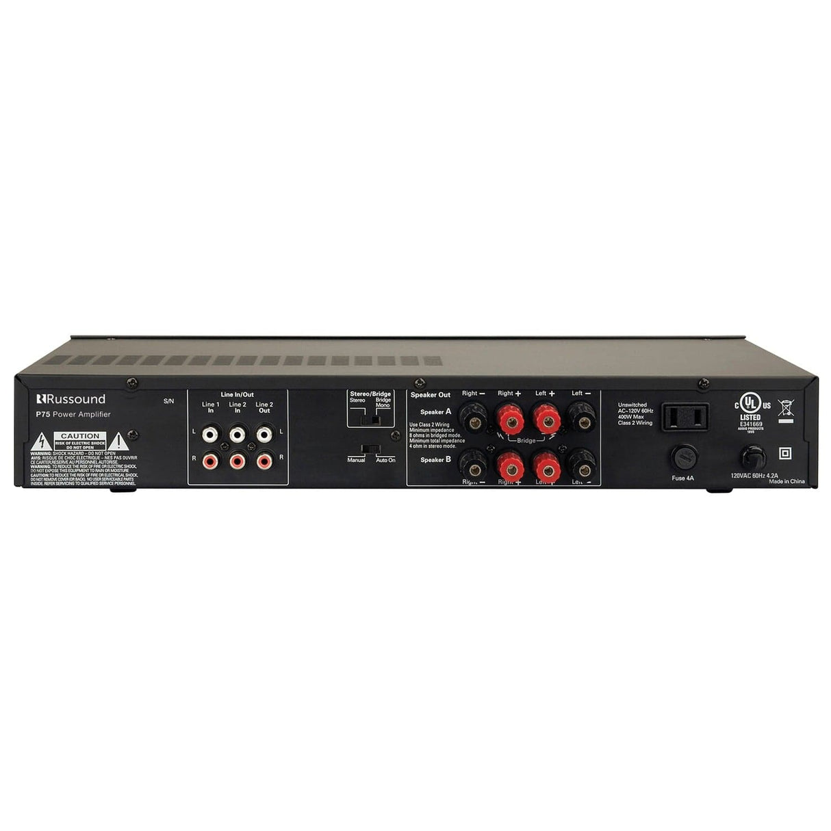 Russound 75-Watt 2-Channel Dual-Source Amplifier with Automatic Switching and Support for 2 Speaker Pairs, Bridgeable to 160 Watts Mono, PS75