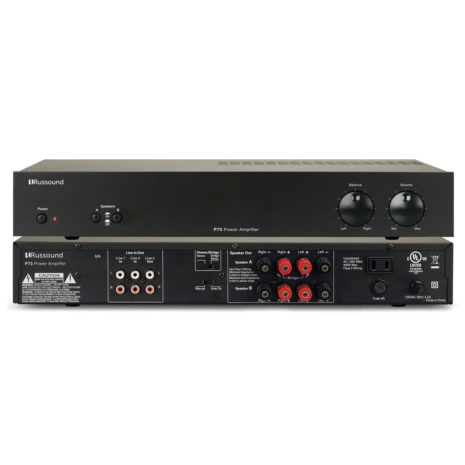 Russound 75-Watt 2-Channel Dual-Source Amplifier with Automatic Switching and Support for 2 Speaker Pairs, Bridgeable to 160 Watts Mono, PS75