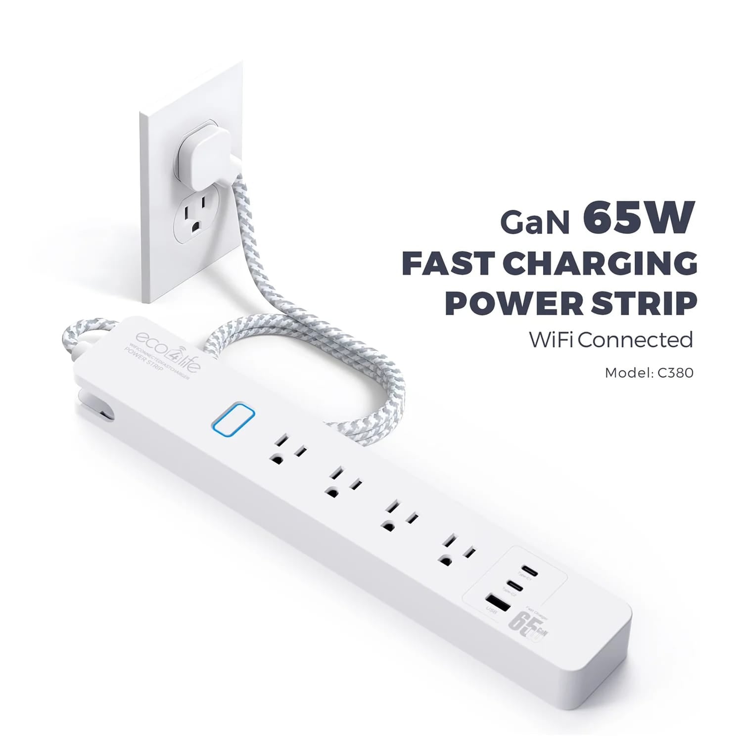 eco4life 4-AC Outlet and 3-USB Port 900-Joules Smart Wi-Fi Surge Protector Power Strip with 65-Watt GaN Fast Charging, 6-Ft. Cord, C380N