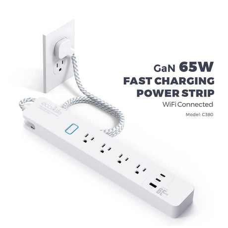 eco4life 4-AC Outlet and 3-USB Port 900-Joules Smart Wi-Fi Surge Protector Power Strip with 65-Watt GaN Fast Charging, 6-Ft. Cord, C380N