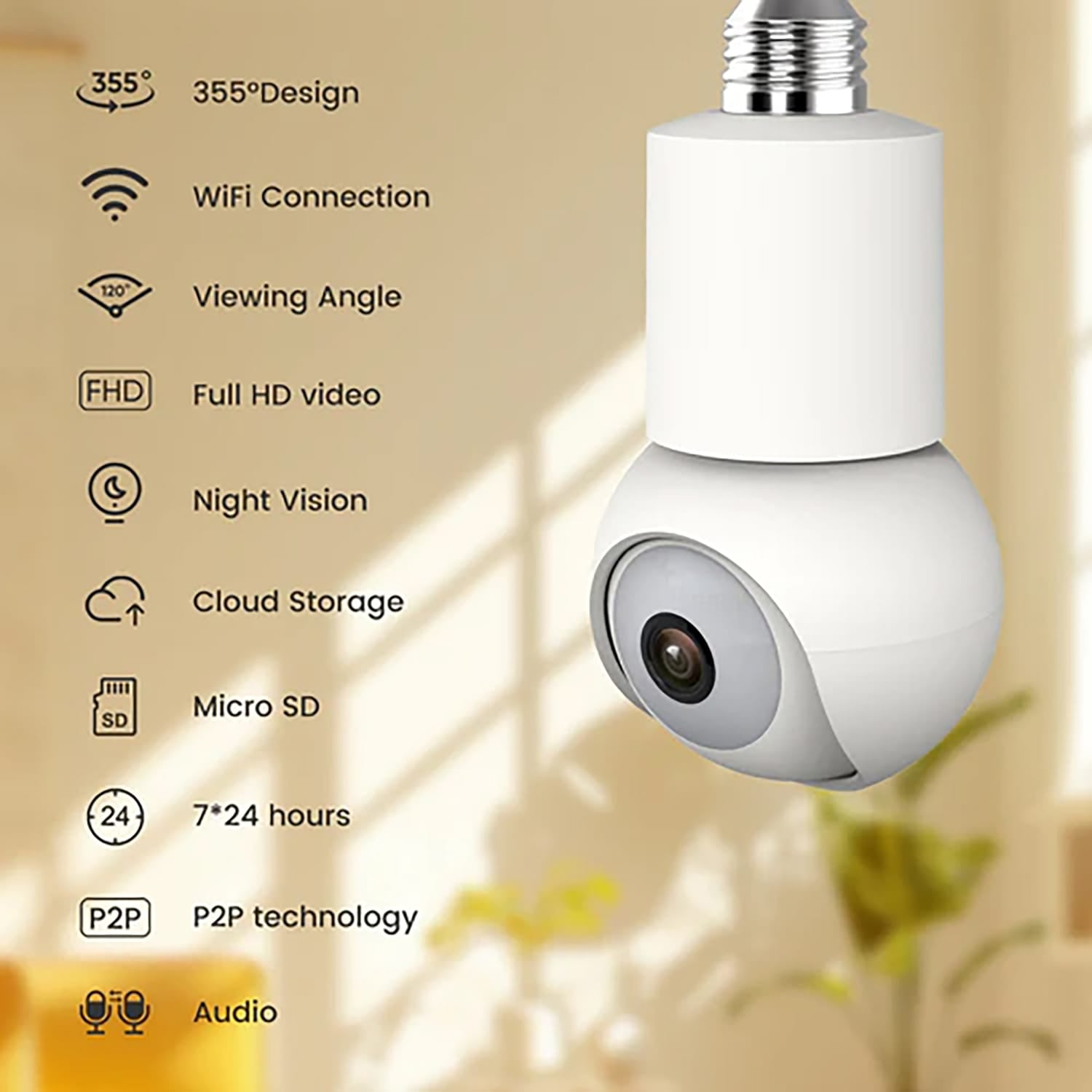 eco4life Wi-Fi 2K 1440p Smart PTZ Light Bulb Security Camera, SC-RIPC-2006
