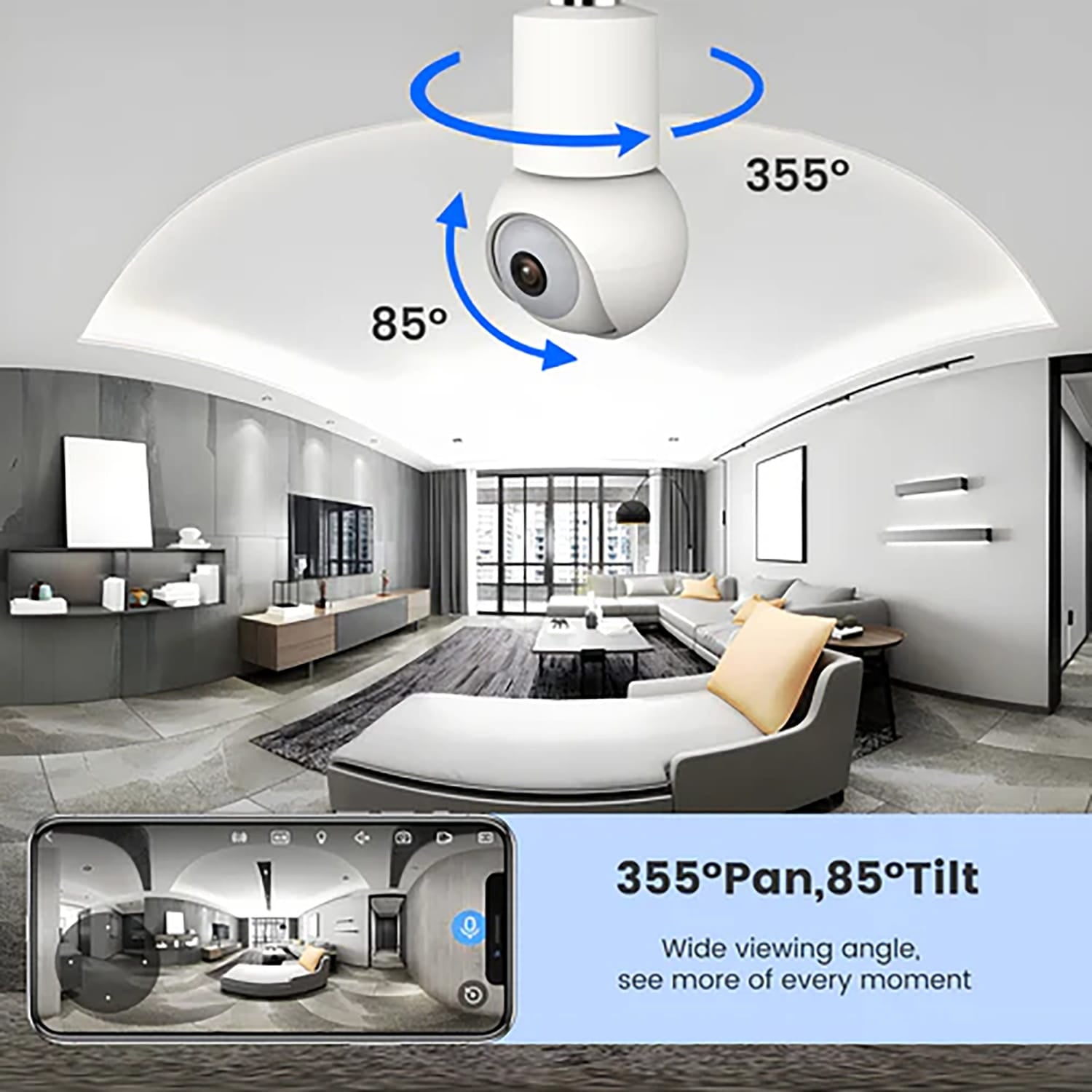 eco4life Wi-Fi 2K 1440p Smart PTZ Light Bulb Security Camera, SC-RIPC-2006