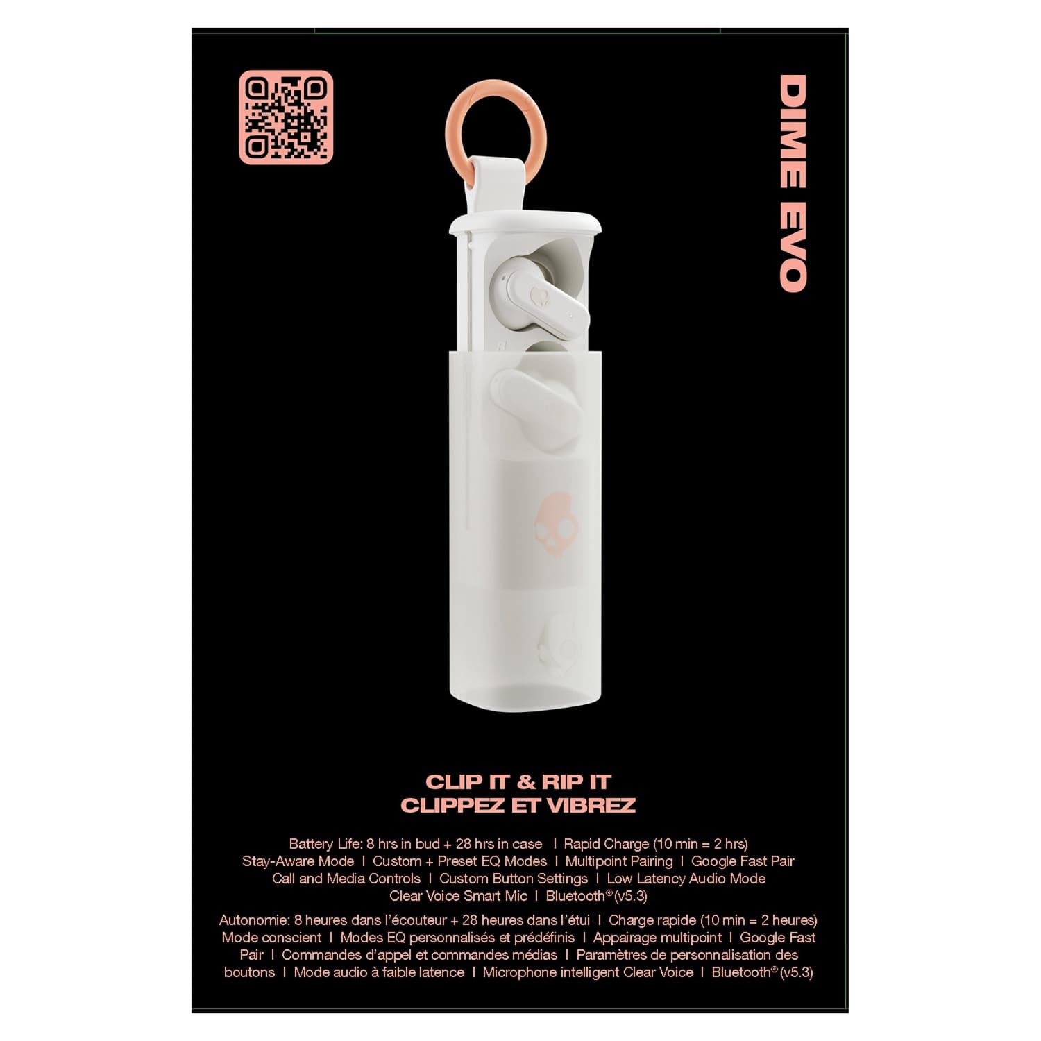 Skullcandy Dime Evo TWS Bluetooth In-Ear Earbuds with Mic and Charging Case, up to 36 Hours Play Time, IPX4 Water-Resistant, Bone/Orange Glow