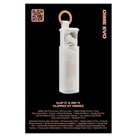 Skullcandy Dime Evo TWS Bluetooth In-Ear Earbuds with Mic and Charging Case, up to 36 Hours Play Time, IPX4 Water-Resistant, Bone/Orange Glow