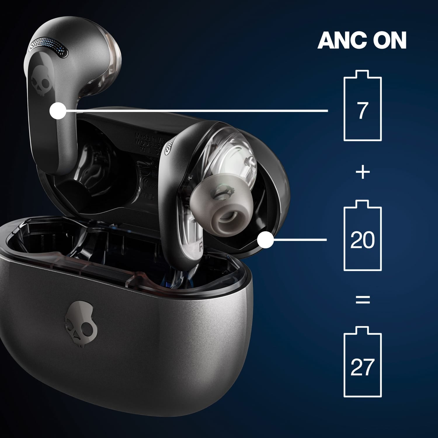 Skullcandy Rail ANC TWS Bluetooth In-Ear Earbuds with Mics and Charging Case, up to 38 Hours Play Time, IPX4 Sweat/Water-Resistant, True Black