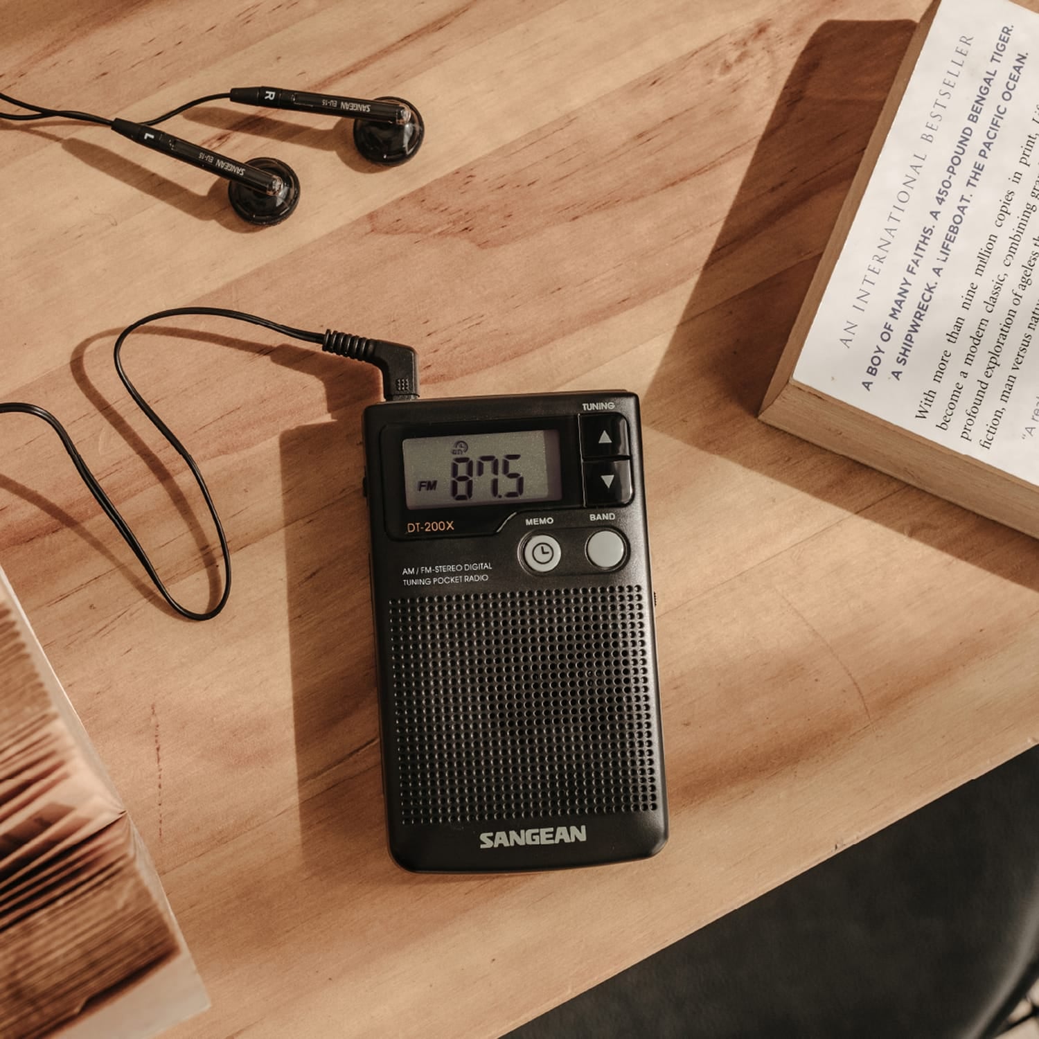 Sangean AM/FM Digital Pocket Radio with Earbuds, Black, DT-200X