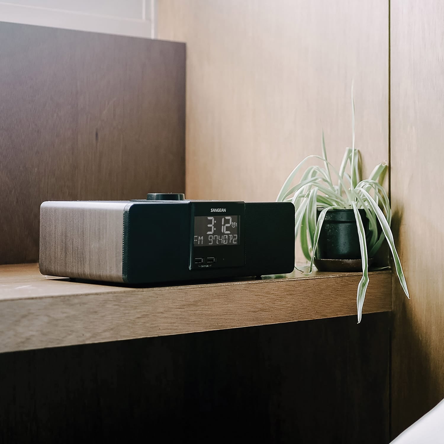 Sangean AM/FM Bluetooth Tabletop Wooden Clock Radio with Alarm and Sleep Timers