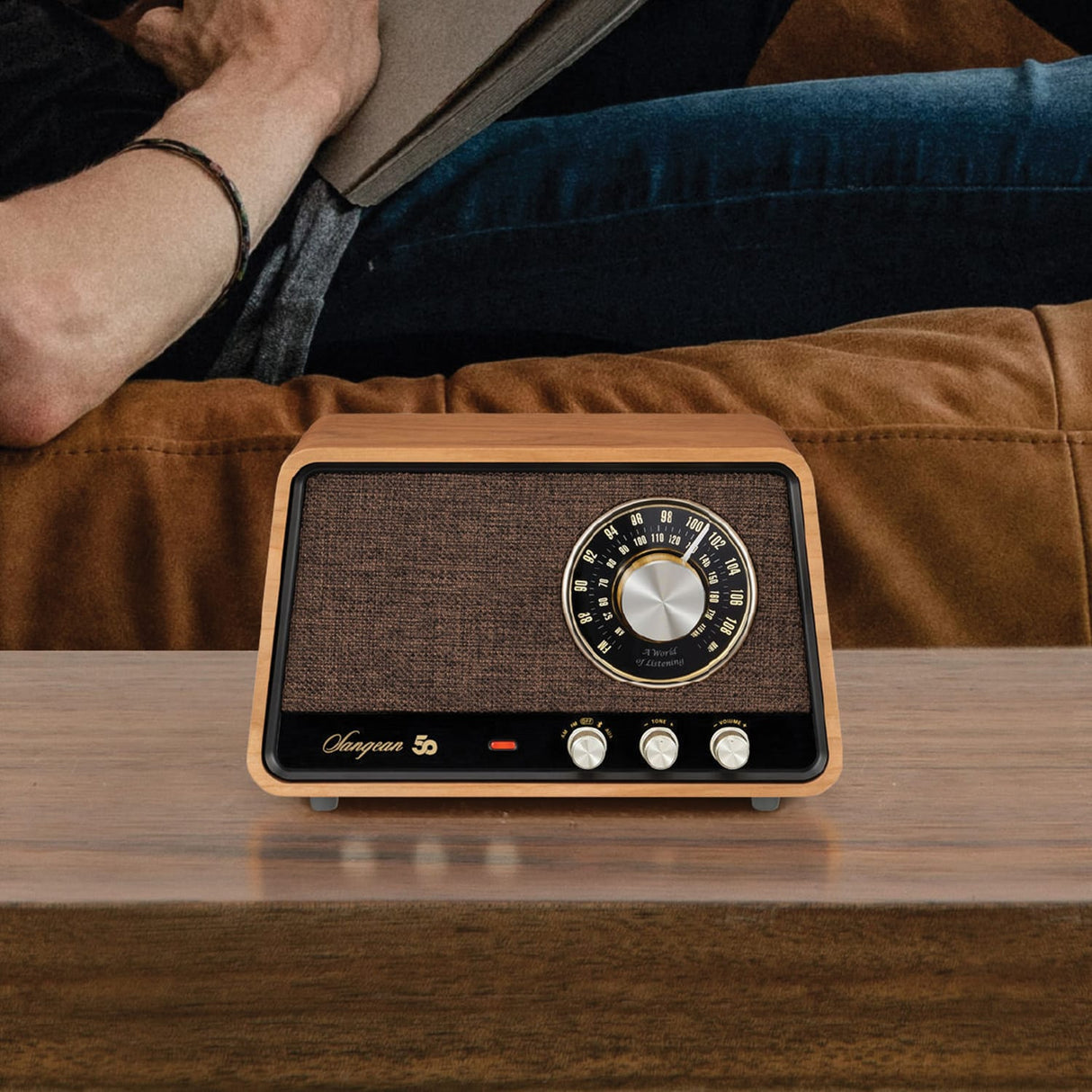 Sangean Retro-Style AM/FM/Bluetooth Wooden Cabinet Tabletop Radio, Natural Cherry, WR-55