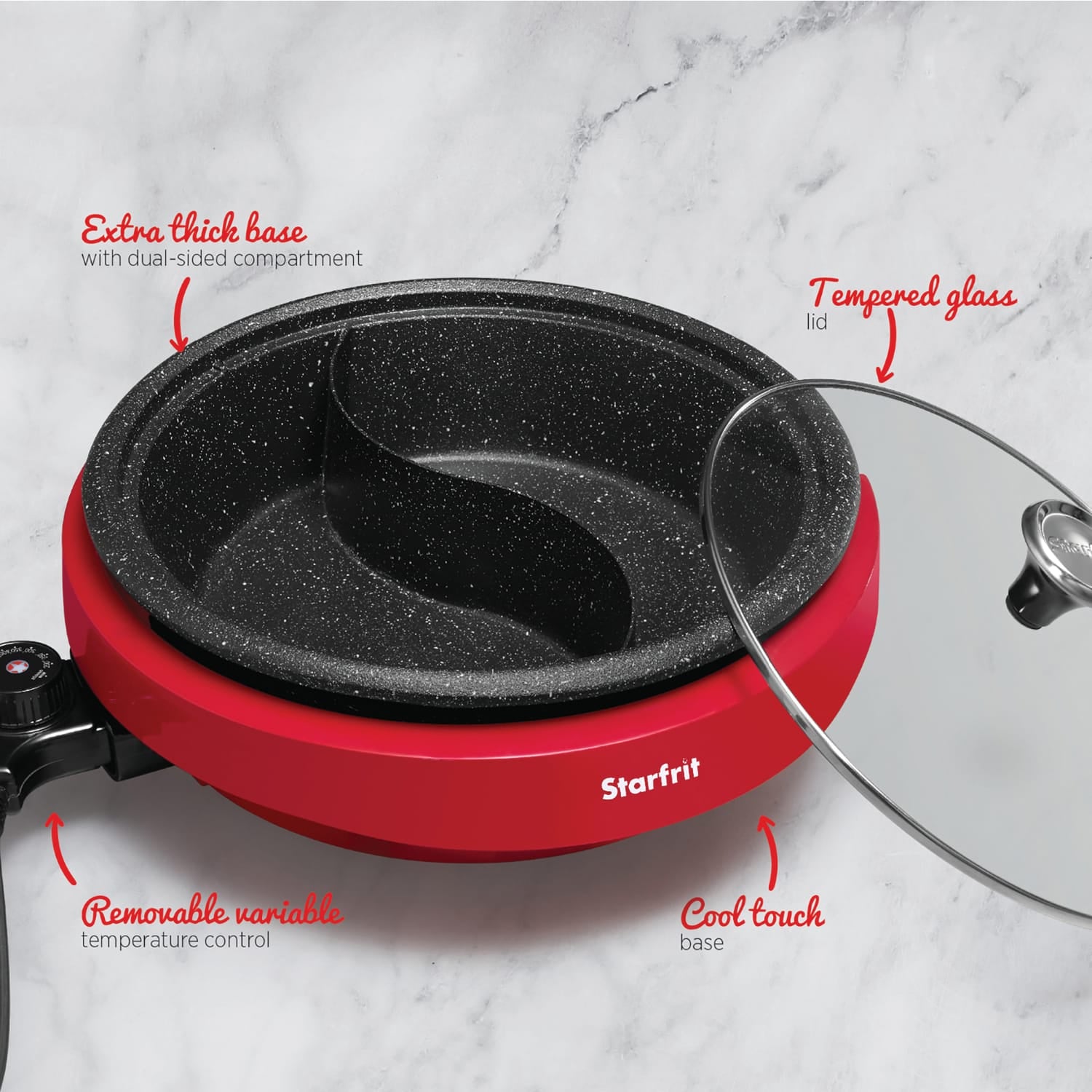 THE ROCK by Starfrit Dual-Sided 3.2-Qt. Electric Hot Pot, Red
