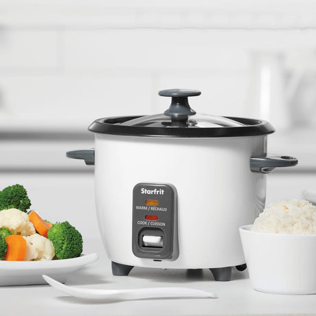 Starfrit 3-Cups Uncooked/6-Cups Cooked 300-Watt Electric Rice Cooker with Ceramic Coating, White