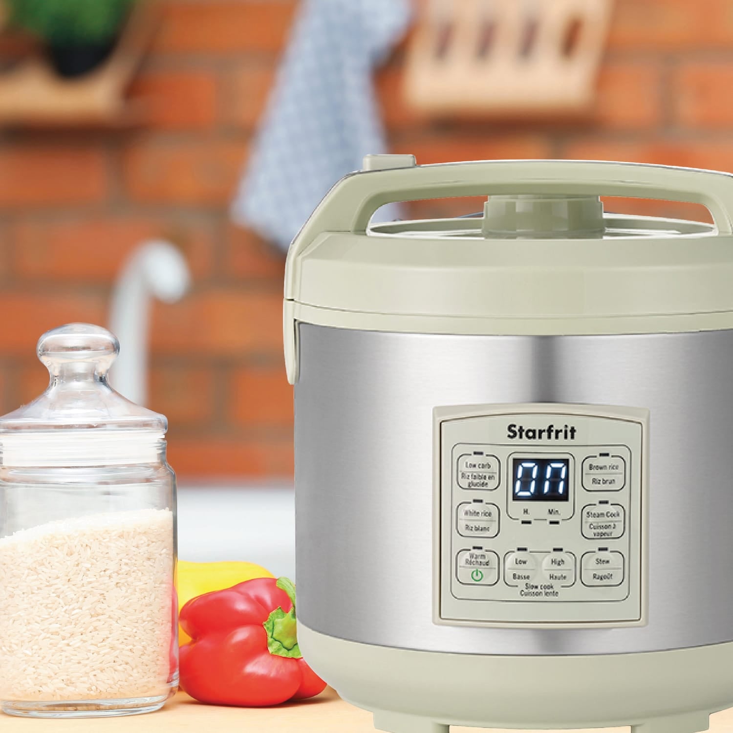 Starfrit 14-Cup Low-Carb Electric Rice Cooker, Green/Gray, with 7 Presets