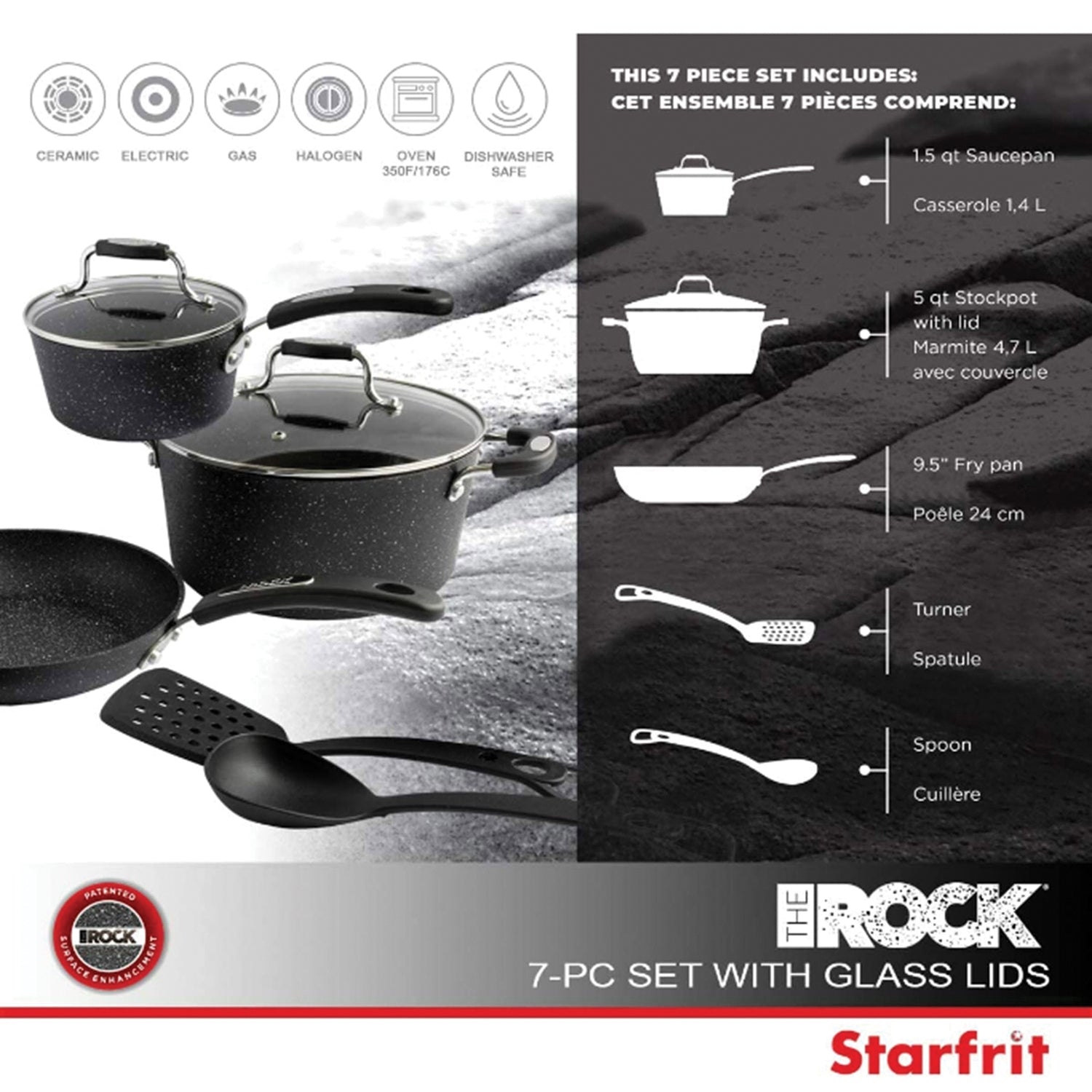THE ROCK by Starfrit 7-Piece Cookware Set w/Bakelite Handles, Black