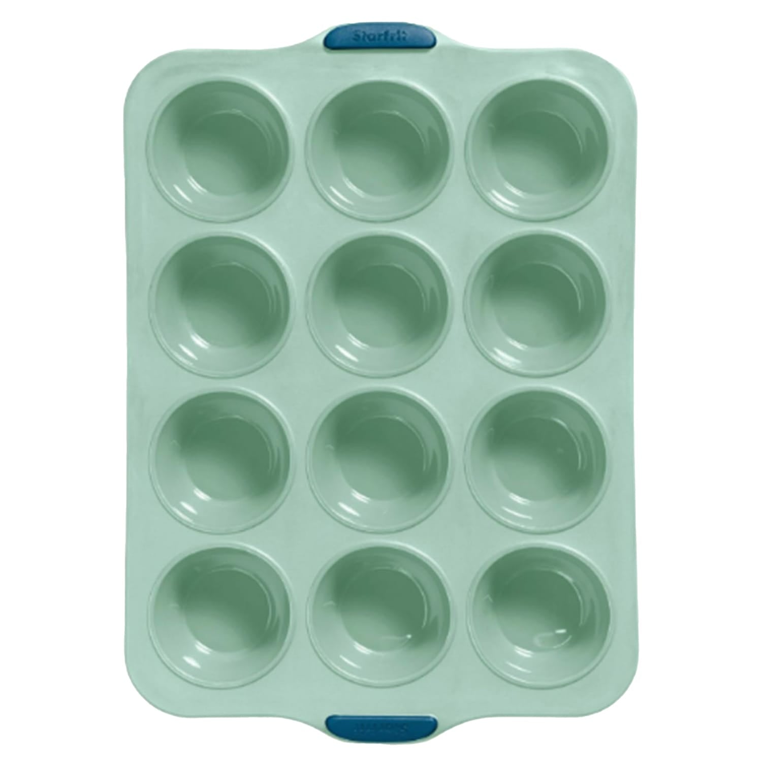 Starfrit 12-Cup Silicone Muffin Pan with Integrated Metal Frame, Sage Green