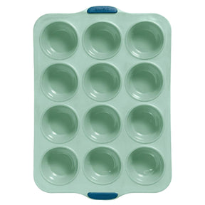 Starfrit 12-Cup Silicone Muffin Pan with Integrated Metal Frame, Sage Green